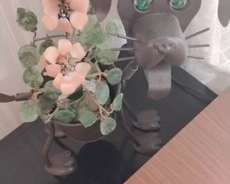 Vintage Metal Dog Figurine with Jade and Carnelian Flowers