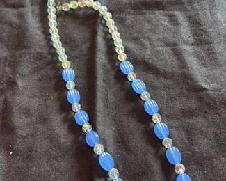 Vintage Blue Oval and Aurora Borealis Crystal Bead Necklace
