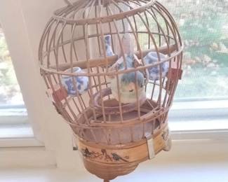 Vintage Bamboo and Ceramic Bird Cage
