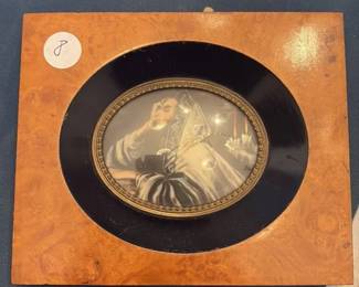 Antique Miniature Portrait in Burl Wood Frame