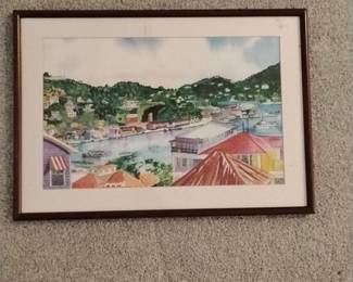 Watercolor Painting of a Coastal Town