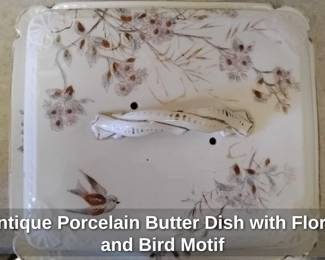 Antique Porcelain Butter Dish with Floral and Bird Motif