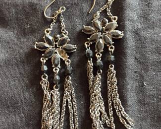Black Marquis Stone Flower Dangle Earrings with Chain Tassels