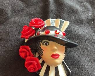 Figural Brooch with Red Roses and Rhinestones