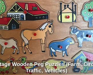 Vintage wooden Peg Puzzles (Farm, Circus, Traffic, Vehicles)