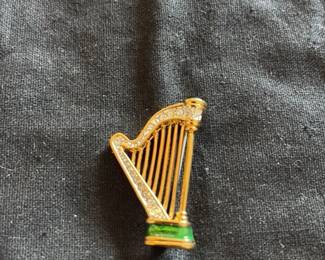 Vintage Harp Brooch with Rhinestones and Green Stone