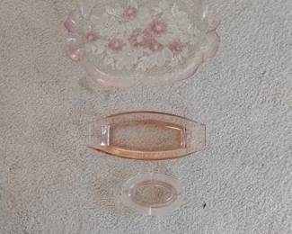 Pink Depression Glass Floral Etched Serving Tray and ashtray set