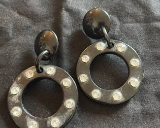 Vintage Black Enamel and Crystal Hoop Earrings