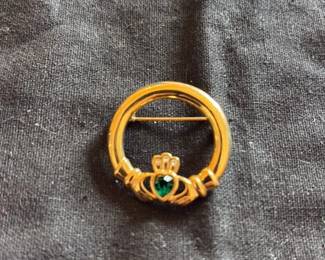Gold-Plated Claddagh Brooch with Green Stone and Crystals