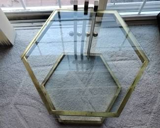 Mid Century Modern Brass and Glass Hexagonal Side Table