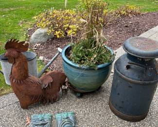 Pewabic tiles, vintage milk container, rooster and 5 blue glazed flower pots