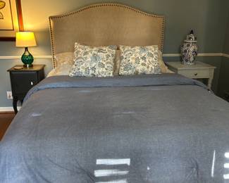 Night stand gray $40, lamp blue $25, bed and headboard $100, white side table $45