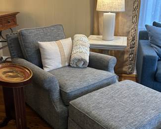 Oversized, Bernhardt chair and ottoman $350. White Ballard design table $125