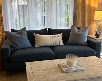 Navy couch and throw pillows $450. Two tier coffee table white washed $200.