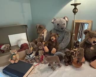 So many stieff bears!! Steiff Teddy Bear Roly Poly Circus Bear Chain Replica 1894 Museum Collection. Teddy Bear Blond in a Marolin Christmas Santa Boot,