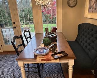 Ballard farm table, 2 rush chairs and bench seating in navy