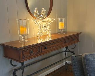 Hickory White Italian buffet style table $250. Glass hurricane with candle $40 each.