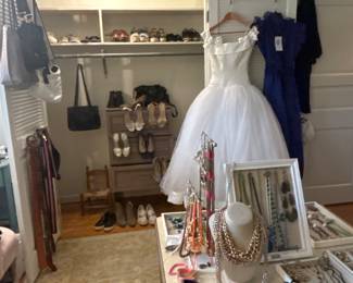 Vintage 90s Vera Wang “Nearly newlywed” wedding dress, brand new Sue Sar Tor, never worn Fairfield organza dress in blue size small assortment of costume jewelry, vintage Prada, Balenciaga, and other handbags, variety of shoes & belts.