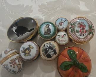 Halcyon pill boxes. Rocking horse, teddy bears panda cat snowman Christmas 84.
