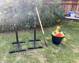 squat rack, shovel, gardening items