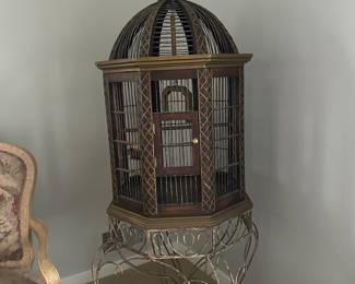 Bird Cage: Open Domed Top With Wire Spire,  Iron Scroll Stand With Octogonal Wirework Apron Four Legs With Gold Ball Finial On Scroll Foot