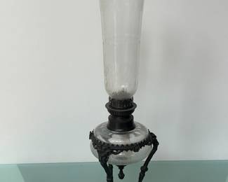 Vintage Bombay Co. Oil Lamp Victorian Etched Glass Gothic Bronze Base
