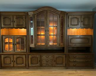 Belgium Solid Oak Wall Unit/Bookcase/Bar also known as a German "Schrank“ which translates to "wall closet" or "armoire wall”, multi-piece cabinet system popular in Europe. Historically, they are known for their superlative craftwork and design.
3 units ~ 140”total width 
