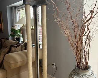 Torchiere Floor Lamp w/ Lions, Triple Column Base & Amber Shade