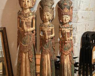 3 Carved Wood Thai Thepanom Buddist Angel Diety  Statue Figures