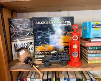 Gulf Gas Pump phone, Cast Iron Trucks and Fire Engines, Railroads Book, Coffee Table Books on different subjects.