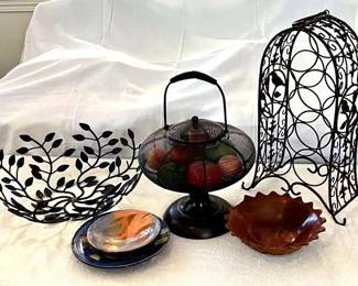 EAT032- Wrought Iron Wine Rack, Fruit Bowls, And Ceramic Plates