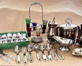 EAT083- Japanese Tea Set, Silver Plated, & Silver Colored Dishes 