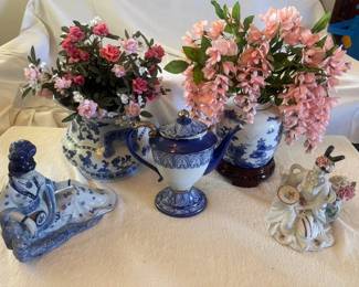 EAT068 - Lot of Porcelain Vases, Figurines & Beautiful Faux Flower Arrangements