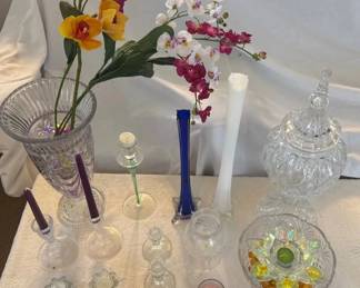 EAT054 - Assorted Crystal Cut Vases, Candle Holders & Faux Orchids