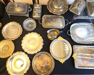EAT044 - Large Lot of Vintage Silver-Plate Platters and Serviceware 
