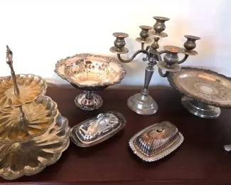 EAT043 - Assorted Vintage Silver-Plated Platters, Bowls, Tiered Dessert Trays & More