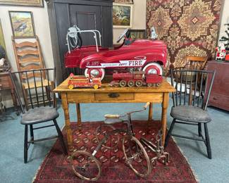 Handmade Rug, Antique Windsor Chairs, Hand Knotted Persian Rug, Hunter Family Chair, Quilts, Early textiles.