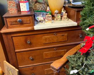 Nice chest with glove boxes and marble insert. Burl applique. You can change the knobs if you like