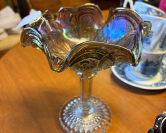 Smokey Grey Carnival Glass Ruffled Bowl