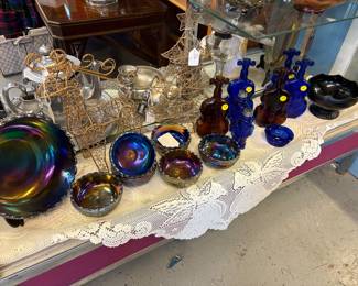 Unique Carnival Glass Collection and violin bottles in cobalt blue and amber