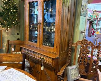 Oak Kitchen cabinet ( 2 pieces for easy muvoing).  2 Barley Twist Arm Chairs