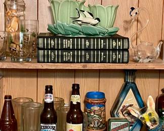 FAYETTE COUNTY HERITAGE BOOKS VOLUME 1 & 2, DEER BAR GLASSES, SHOT GLASSES, VRANA GIN ADVERTISING LEVEL, CARNIVAL PLASTER DOG, MCCOY PLANTER