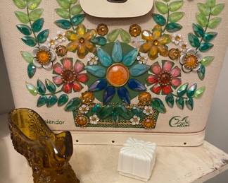 VINTAGE COLLINS JEWELED PURSE, AMBER GLASS KITTEN HEALS GLASS SHOE