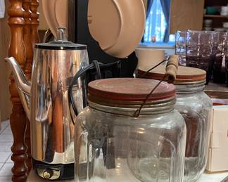 VINTAGE GLASS COFFEE JARS, PERCULATOR