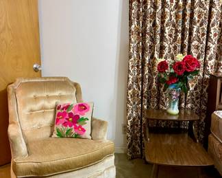 RETRO VELVET CHAIR, MCM ACCENT TABLE, ANTIQUE BRISTOL FLORAL VASE
