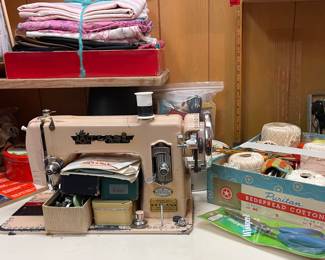VINTAGE ATLAS SEWING MACHINE, SEWING NOTIONS, EMBROIDERY THREAD