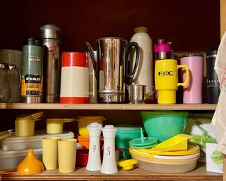 VINTAGE STANLEY THERMOS, PERCOLATOR, TUPPERWARE