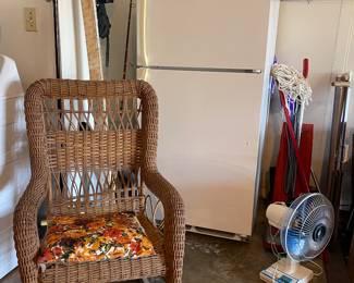 VINTAGE WICKER ROCKING CHAIR, GARAGE REFRIGERATOR, VINTAGE FAN