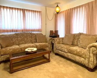 MATCHING COUCH AND LOVESEAT IN GREAT CONDITION, VINTAGE GLASS TOP COFFEE TABLE