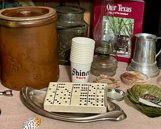 ANTIQUE CROCK, DOMINOES, OIL LAMP